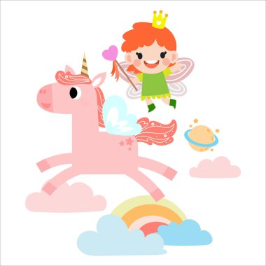 Gökkuşağı, yıldızlar, kalpler, bulutlar, karikatür tarzında tek boynuzlu at çizimi