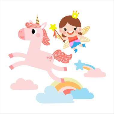 Gökkuşağı, yıldızlar, kalpler, bulutlar, karikatür tarzında tek boynuzlu at çizimi