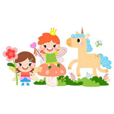 Gökkuşağı, yıldızlar, kalpler, bulutlar, karikatür tarzında tek boynuzlu at çizimi