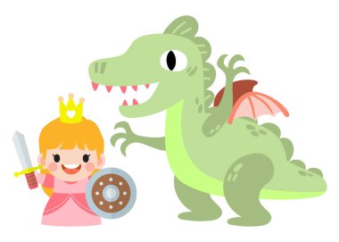 Fantezi şövalyesi prenses ve ejderha. Prens at sırtında ejderha ile kılıç dövüşü yapıyor..