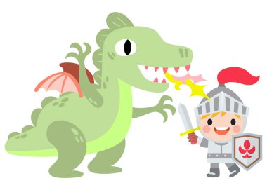 Fantezi şövalyesi prenses ve ejderha. Prens at sırtında ejderha ile kılıç dövüşü yapıyor..