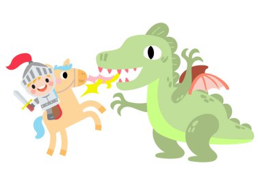 Fantezi şövalyesi prenses ve ejderha. Prens at sırtında ejderha ile kılıç dövüşü yapıyor..