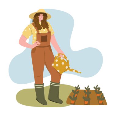 Düz Tasarım, Kadın Bahçıvanlığı Modern İllüstrasyon, Vektör Kavramsal Su Kutusu Karakteri