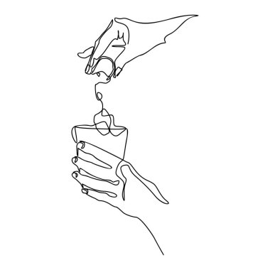 Bardakta limon sıkmak, viski kokteyli bir çizgi çizmek, sürekli modern illüstrasyon.