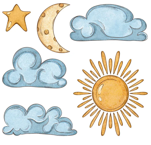 Hand Drawn Cute Sky Illustration bundle, Cloud, Star, Moon, Sun, Pencil style baby kids art drawings