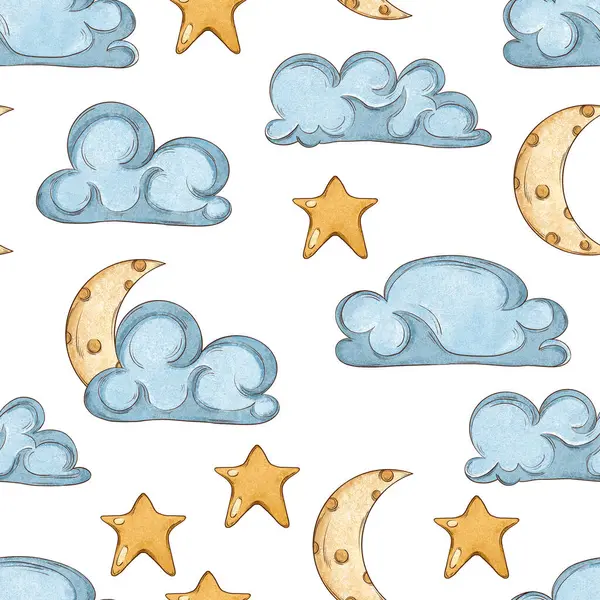 El Çizimi Sevimli Gökyüzü Kusursuz Şablon, Bulut, Yıldız, Ay, Güneş, Kalem Stili Bebek Çizimleri
