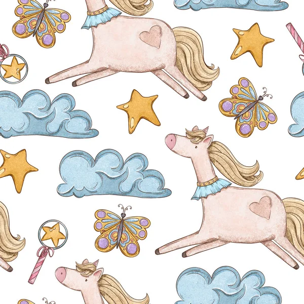 El Çizimi Şirin Tekboynuz Bulutları ve Yıldızlar Kusursuz Şablon, Kalem Stili Bebek Geçmişi