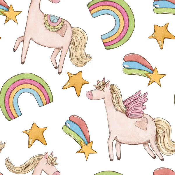 Hand Drawn Cute Unicorn and Rainbow and Star Seamless Pattern, Pencil style baby kids background