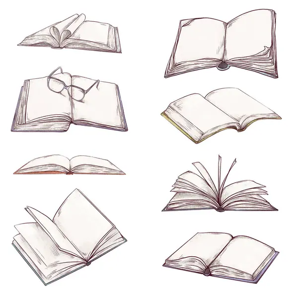 Kitaplar el çizimi çizimleri seti. Beyaz arkaplanda boş sayfaları olan kitapların eskiz sanatı. Sanat kalem biçimi çizimi.