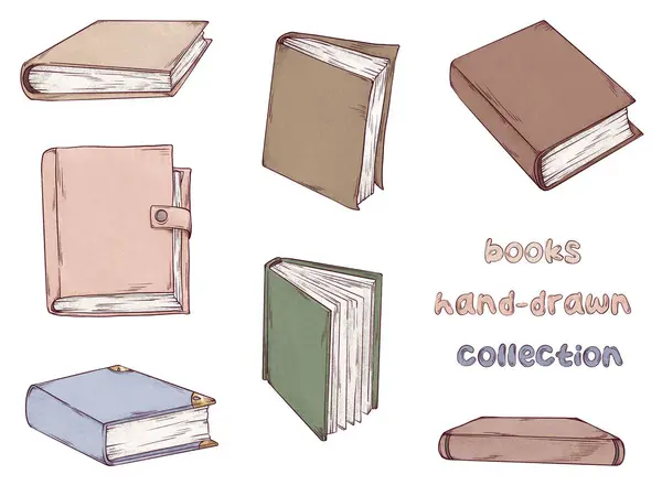 Kitaplar el çizimi çizimleri. Beyaz arkaplanda boş sayfaları olan kitapların eskiz sanatı. Sanat kalem biçimi çizimi.