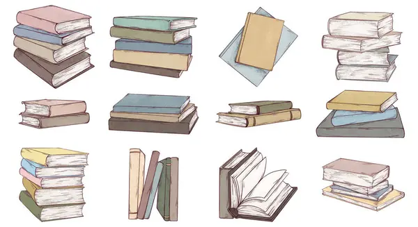 Kitaplar el çizimi çizimleri. Beyaz arkaplanda boş sayfaları olan kitapların eskiz sanatı. Sanat kalem biçimi çizimi.