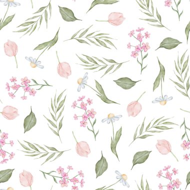 El çizimi suluboya çiçekleri pürüzsüz desen. El çizimi çiçek desenli arka plan baskısı