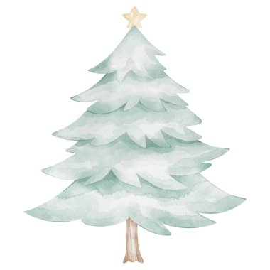 Şeffaf bir arkaplanda izole edilmiş suluboya Noel ağacı, el çizimi pastel renkli çizimler.