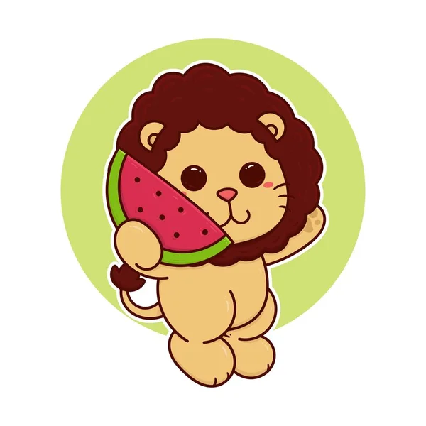 Χαρούμενο Χαριτωμένο Λιοντάρι Τρώνε Καρπούζι Φρούτα Αξιολάτρευτο Σκίτσο Καρτούν — Διανυσματικό Αρχείο