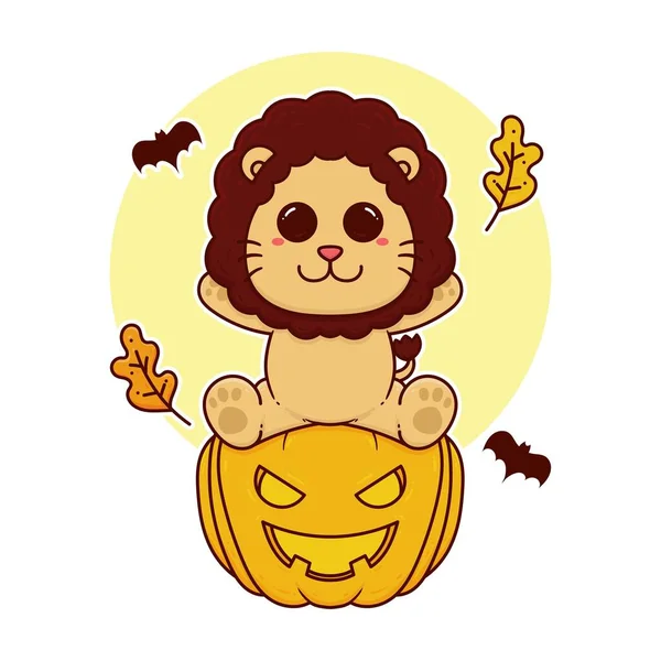 Happy Cute Lion Pumpkin Halloween Event Adorable Cartoon Doodle — Stock Vector