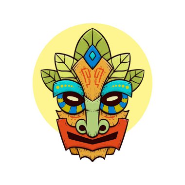 Tribal tiki masks Hawaiian totem culture vector wooden colored illustrations
