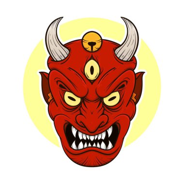 Geleneksel Japon şeytanı oni maske çizimi.