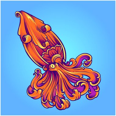 İş logonuz için zarif dekoratif ahtapot süsleme vektör çizimleri, ticari tişörtler, çıkartmalar ve etiket tasarımları, poster, tebrik kartları reklam şirketi veya markalar için