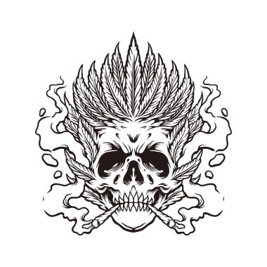 İş logonuz için Skull Smoke Leaf marihuana monokrom vektör çizimleri, ticari tişört, çıkartmalar ve etiket tasarımları, poster, tebrik kartı reklam şirketi veya markalar