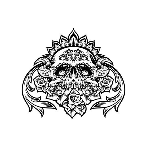 Silhouette Sugar Skull Mexican Con Ilustraciones Vectoriales Adornos Para Logotipo — Vector de stock