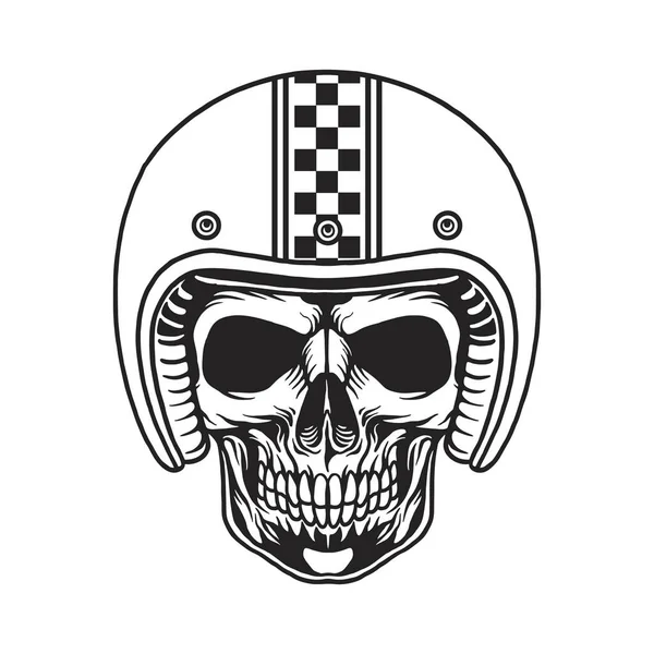 あなたの仕事のロゴ 商品のTシャツ ステッカーやラベルのデザイン ポスター グリーティングカード広告事業会社やブランドのためのヘルメットバイカーモノクロームベクトルイラストを身に着けている頭蓋骨の頭 — ストックベクタ