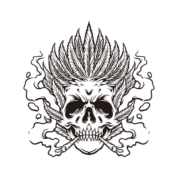 Skull Smoke Leaf Marijuana Monochrome Vector Illustrations Your Work Logo — 스톡 벡터