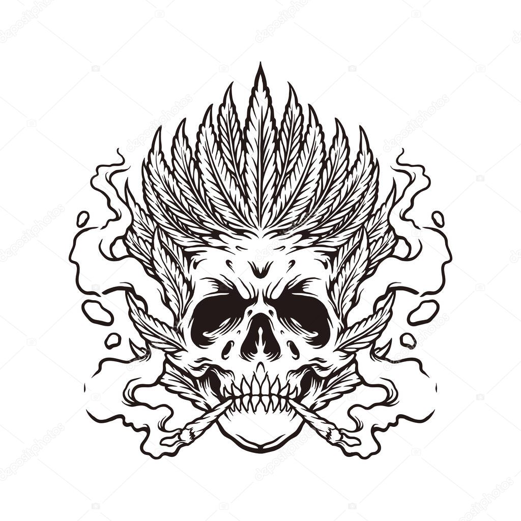 Skull Smoke Leaf Marijuana monochrome vector illustrations for your work logo, merchandise t-shirt, stickers and label designs, poster, greeting cards advertising business company or brands