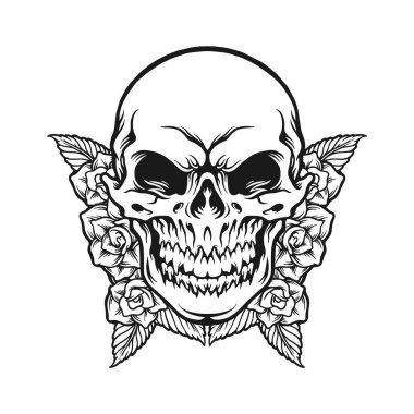 İş logosu, ticari tişört, çıkartma ve etiket tasarımları, poster, tebrik kartı reklam şirketi veya markalar için Çiçekli Kafatası vektör çizimleri