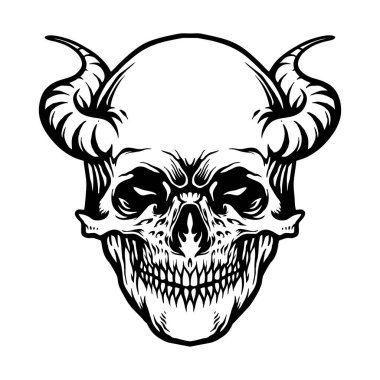 İş logon, ticari tişört, çıkartma ve etiket tasarımları, poster, tebrik kartı reklam şirketi veya markalar için dövmeli şeytan kafatası boynuzu tek renkli vektör çizimleri