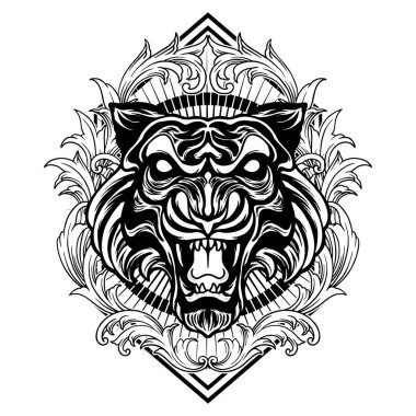 Tiger Head Süslemeleri Çalışma logonuz, ticari tişörtün, çıkartmalarınız ve etiket tasarımlarınız için Çerçeve Monokrom vektör çizimleri, poster, tebrik kartları reklam şirketi veya markalarınız için