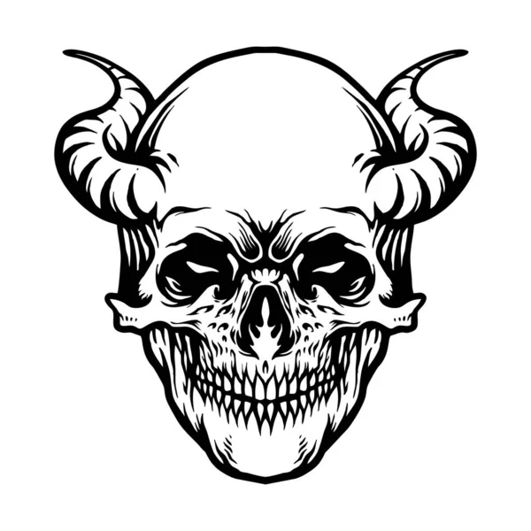 纹身恶魔骷髅角单色矢量插图您的工作标志 商品T恤 贴纸和标签设计 贺卡广告商公司或品牌 — 图库矢量图片