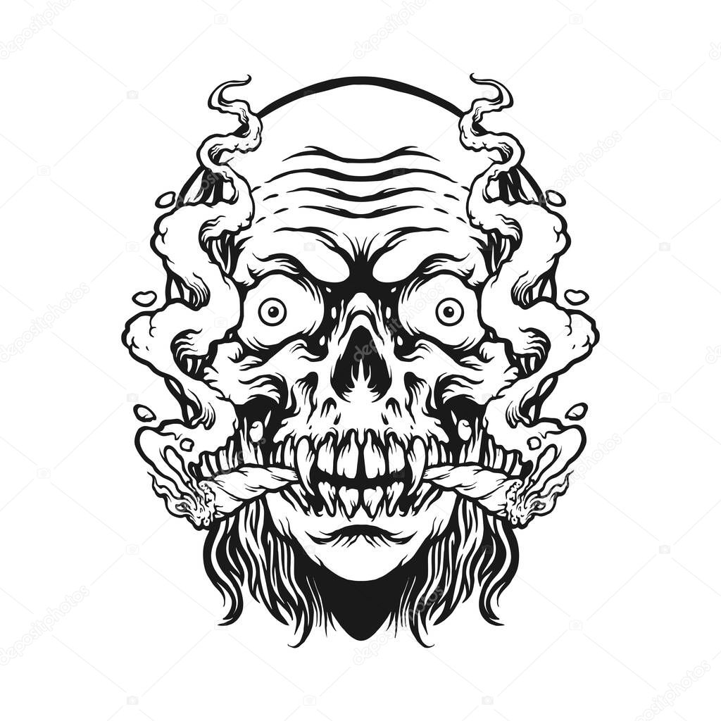 Spooky Zombie Smoking Monochrome vector illustrations for your work logo, merchandise t-shirt, stickers and label designs, poster, greeting cards advertising business company or brands