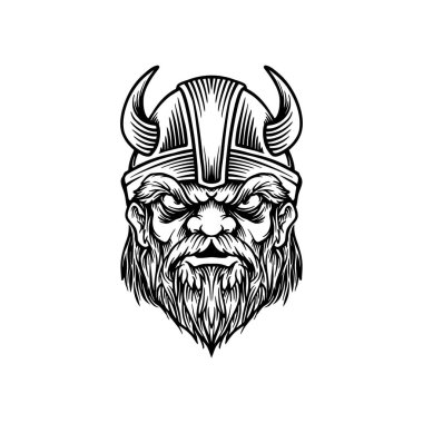 İş logon, ticari tişört, çıkartma ve etiket tasarımları, poster, tebrik kartı reklam şirketi veya markalarınız için tek renkli boynuzlu kask vektör çizimleri olan Viking birlikleri.