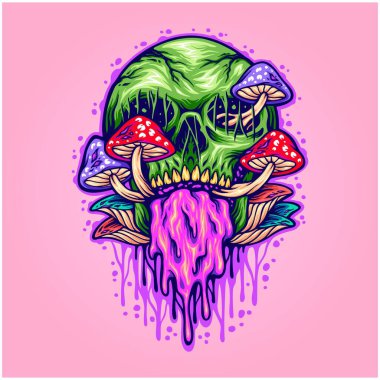 İş logonuz, ticari tişörtünüz, çıkartmalarınız, etiket tasarımlarınız, afişleriniz, tebrik kartlarınız reklam şirketiniz veya markalarınız için korkunç psikedelik mantarlar kafatası çizim vektör çizimleri