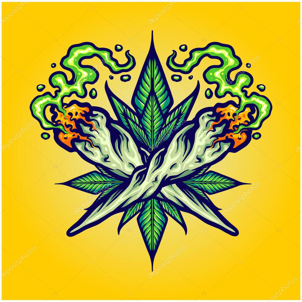 Smoking weed cigarette joint cannabis leaf illustration vector illustrations for your work logo, merchandise t-shirt, stickers and label designs, poster, greeting cards advertising business company or brands