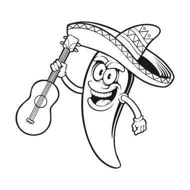 Cute cinco de mayo mexican chilli pepper playing guitar monochrome vector illustrations for your work logo, merchandise t-shirt, stickers and label designs, poster, greeting cards advertising business company or brands