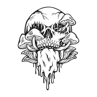 Psychedelic horror magic mushrooms skull head outline vector illustrations for your work logo, merchandise t-shirt, stickers and label designs, poster, greeting cards advertising business company or brands
