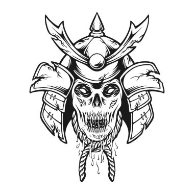 Scary ronin skull head warrior helmet monochrome vector illustrations for your work logo, merchandise t-shirt, stickers and label designs, poster, greeting cards advertising business company or brands clipart