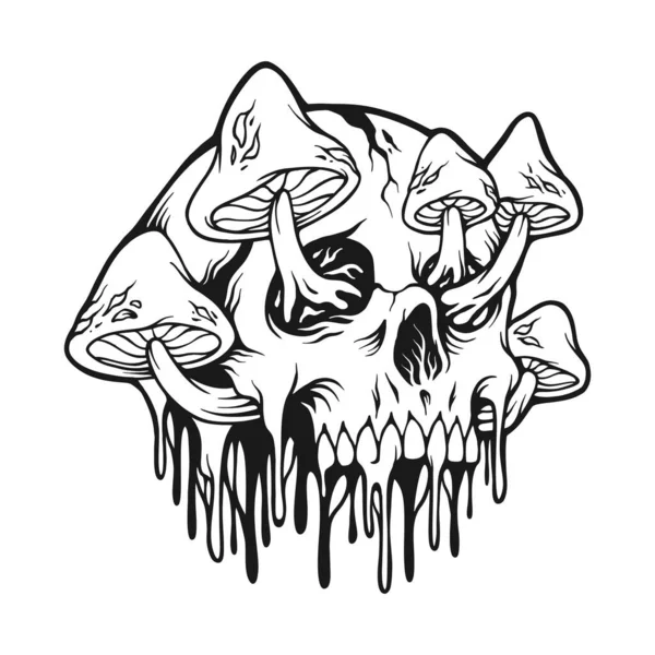 Creepy Melting Psychedelic Mushrooms Skull Head Silhouette Vector Illustrations Your — Vettoriale Stock