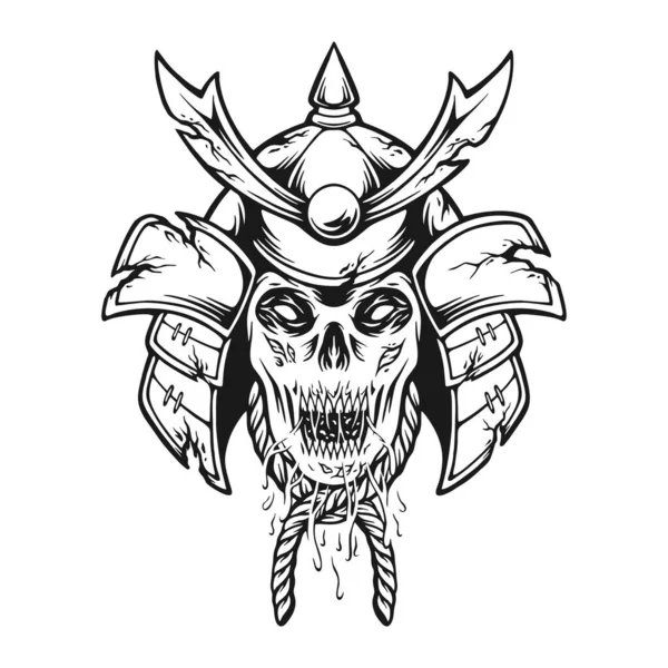 Scary Ronin Skull Head Warrior Helmet Monochrome Vector Illustrations Your —  Vetores de Stock
