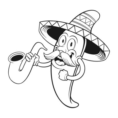 Mexican cinco de mayo chilli pepper playing trumpet mascot outline vector illustrations for your work logo, merchandise t-shirt, stickers and label designs, poster, greeting cards advertising business company or brands