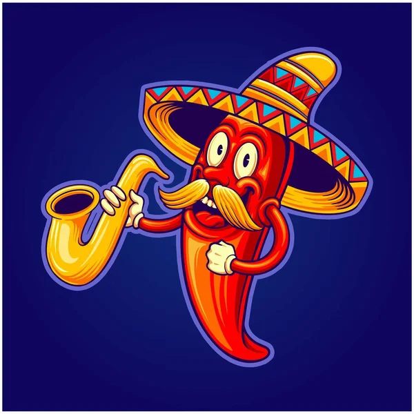 Mexican Cinco Mayo Chilli Pepper Mustache Playing Trumpet Logo Illustration — Archivo Imágenes Vectoriales