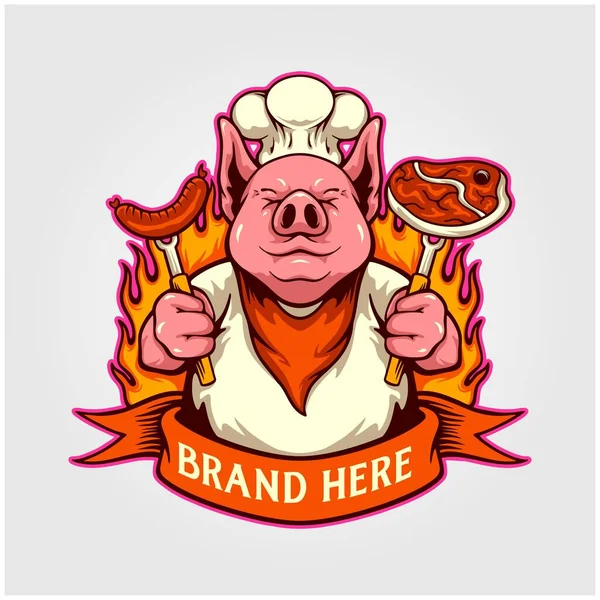 Schattig Chef Kok Varken Heerlijke Barbecue Vlees Logo Cartoon Illustraties — Stockvector