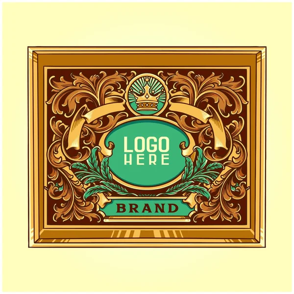 Gold Badge Frame Vintage Floral Ornament Logo Illustration Vector Illustrations — Stockvector