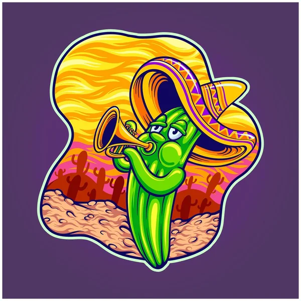 Мексика Sombrero Cactus Cinco Mayo Играет Музыку Иллюстрации Векторные Иллюстрации — стоковый вектор