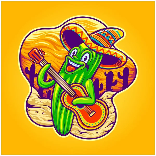 Lindo Cactus Cinco Mayonesa Logotipo Guitarra Mexicana Ilustraciones Dibujos Animados — Archivo Imágenes Vectoriales