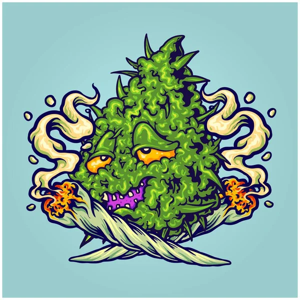 Funny Cannabis Leaf Plant Smoking Weed Logo Cartoon Illustrations Vector — Stockvector