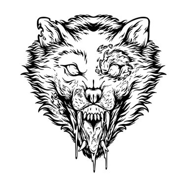 Creepy monster wolf head monochrome vector illustrations for your work logo, merchandise t-shirt, stickers and label designs, poster, greeting cards advertising business company or brands