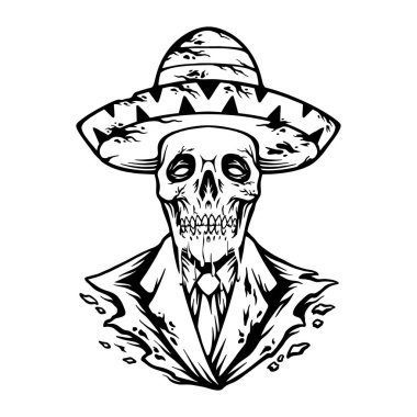 Meksikalı muertos şeker kafatası sombrero şapka monokrom vektör çizimleri iş logo, ticari tişört, çıkartmalar ve etiket tasarımları, poster, tebrik kartı reklam şirketi veya markalar için