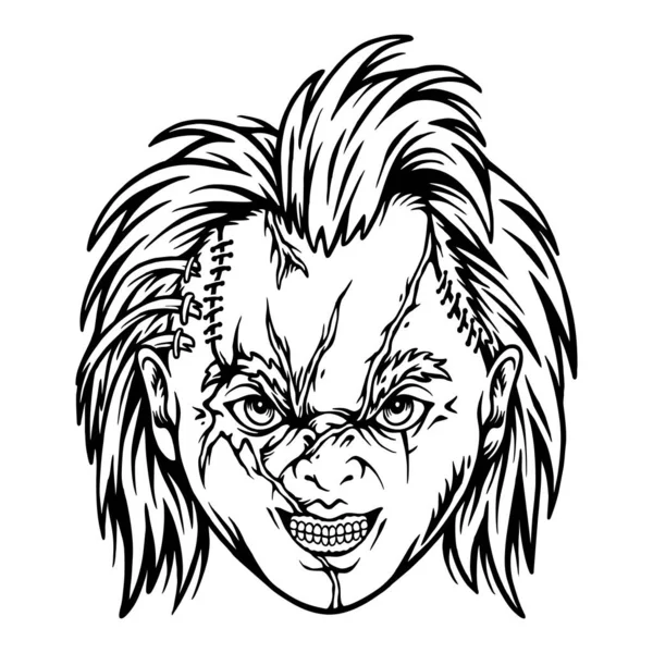 Skräckdockor Zombie Huvud Monokrom Vektor Illustrationer För Ditt Arbete Logotyp — Stock vektor